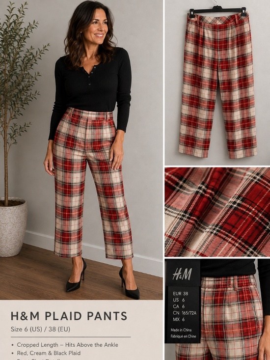 H&M Pants - H&M Plaid Cropped Ankle Pants Red Tartan High Rise Size 6 EUC